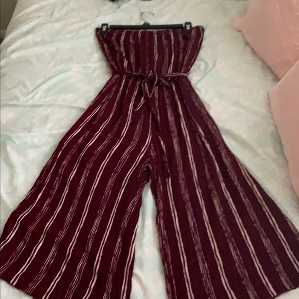 Purple and white strapless loose jumpsuit